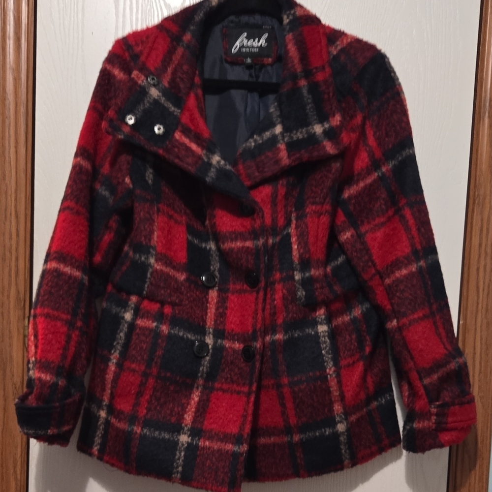 Fresh Women's Red and Black Plaid Pea Coat